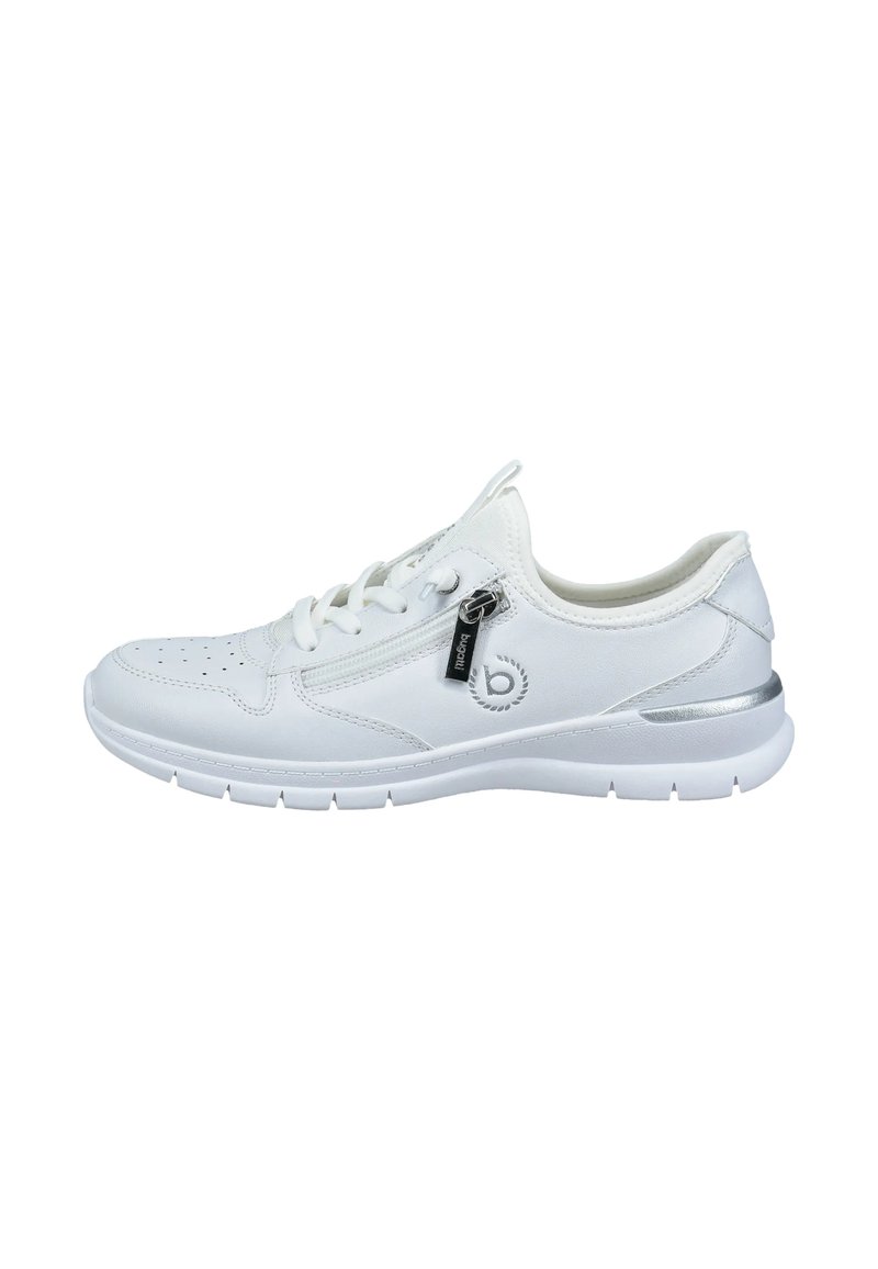 Weiße Sport sneaker mit glattem Leder und Mesh-Obermaterial, runder Zehenpartie, Schnürdesign und silbernen Akzenten an der Ferse und am Reißverschluss.