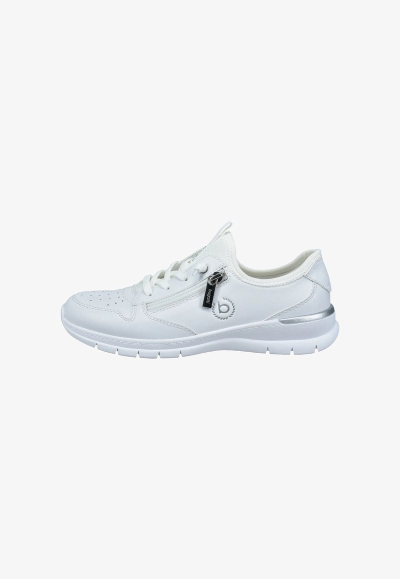Weiße Sport sneaker mit glattem Leder und Mesh-Obermaterial, runder Zehenpartie, Schnürdesign und silbernen Akzenten an der Ferse und am Reißverschluss.