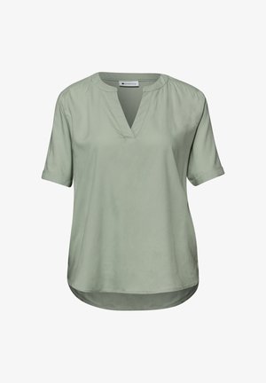 Hellgrüne Bluse mit kurzen Ärmeln, aufgekrempelten Ärmeln, einem V-förmigen Ausschnitt und einem leicht abgerundeten Saum, mit dem Etikett Street One.