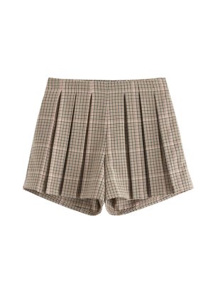 Højtaljede plisserede shorts med beige og sort ternet mønster, skræddersyet pasform og en struktureret linning.