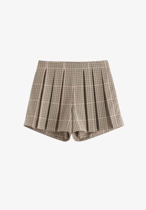 Højtaljede plisserede shorts med beige og sort ternet mønster, skræddersyet pasform og en struktureret linning.