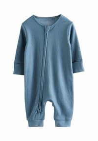 Rippstrick-Baumwoll-Overall in Hellblau, mit einem Reißverschluss vorne und langen Ärmeln. Bündchen an den Knöcheln sorgen für einen besseren Sitz und Komfort.