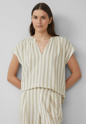Gestreepte blouse in beige en crèmekleurig linnen, met een V-hals en korte mouwen, met een relaxte pasvorm en geplooide details bij de halslijn.