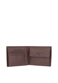 Brown leather wallet with multiple card slots and a pocket. Smooth texture, stitched edges, and subtle embossed logo detail.