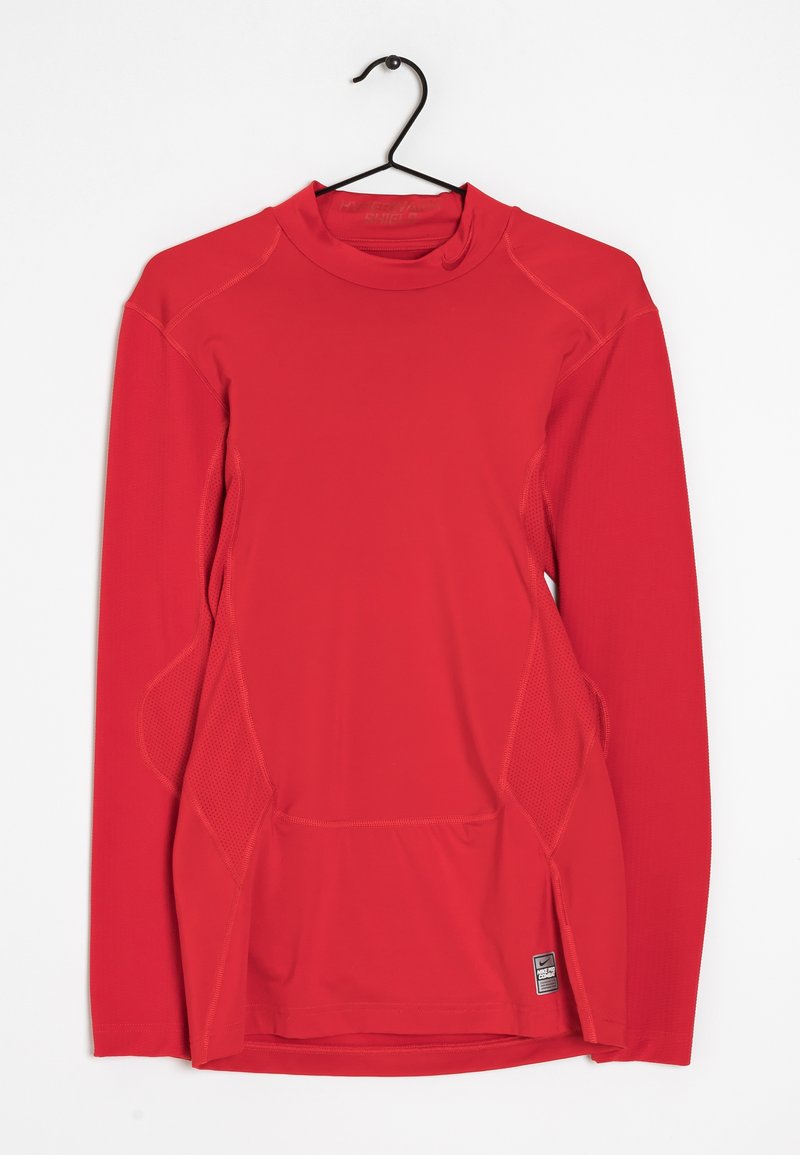 Červené sportovní tričko s dlouhým rukávem, vysokým límcem, síťovými bočními panely a přiléhavým střihem. Vyrobeno z hladkého, elastického materiálu.