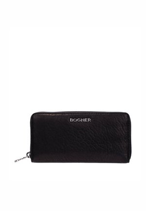 Black textured leather zip-around wallet with silver metal zipper and "BOGNER" logo on front center.