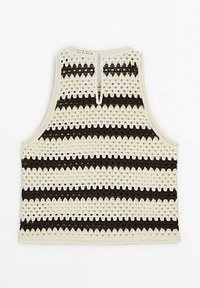 Sleeveless crochet top with alternating black and cream horizontal stripes and a back keyhole button closure.