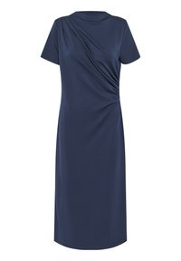Navy blue dress with short sleeves, featuring draped detailing on one side and a knee-length straight cut. Soft, smooth fabric texture.