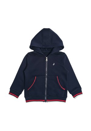 Felpa con cappuccio per bambini blu navy con zip, tasche frontali, bordi rossi sulle tasche, polsini, orlo e un piccolo logo bianco sul petto.