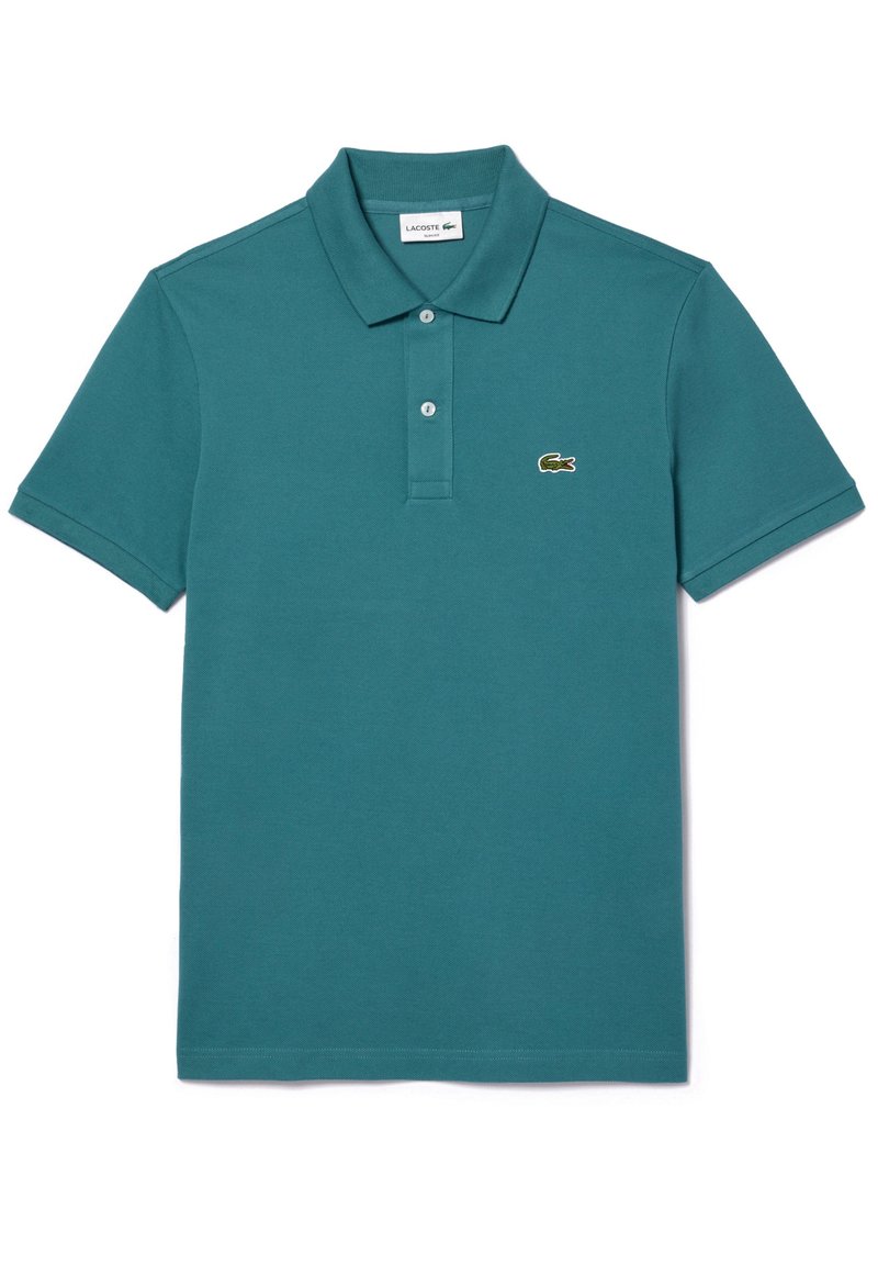 Zielona koszulka polo wykonana z bawełny, z kołnierzykiem, trzema guzikami i haftowanym zielonym logo Lacoste na piersi.