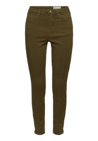 Pantalon décontracté marron slim fit avec bouton devant, fermeture éclair, cinq poches et fermetures éclair aux chevilles.