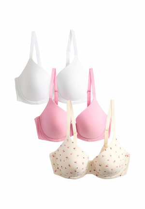 Zwei weiße, zwei rosa und ein cremefarbener BH mit kleinem roten Blumenmuster, in überlappenden Reihen auf weißem Hintergrund angeordnet.