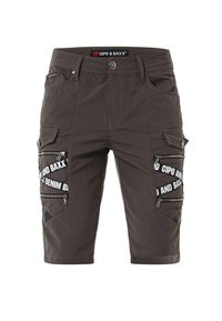 Dunkelgraue Cargo-Shorts aus Baumwolle mit mehreren Reißverschluss-Taschen, kontrastierenden weißen Logodetails und subtilen Nähten.