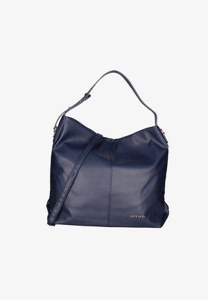 Navyblauwe leren handtas met een slungelige schuilvorm, verstelbare schouderriem, subtiele stiksel details, en gouden letters aan de zijkant.