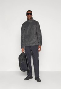 Grijze fleece trui met een halve rits, gecombineerd met een zwarte broek en een zwarte rugzak. Draagt een zonnebril, met een gladde textuur en een ontspannen pasvorm.