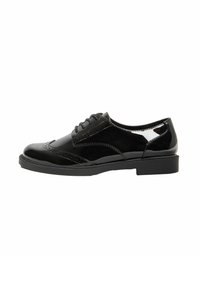 Pantofii Oxford din piele patentată neagră cu design tip wingtip, vârf rotund, închidere cu șireturi și talpă plată din cauciuc. Prezintă detalii perforate.