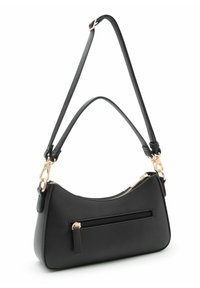 Borsa a mano in pelle nera con silhouette curva, ferramenti color oro, chiusura superiore con zip e tasca frontale. Tracolla regolabile per un trasporto versatile.