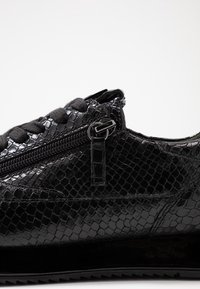 Černé tenisky s texturou hadí kůže, vybavené zipovým uzávěrem a kulatými tkaničkami. Lesklý povrch s plochou podrážkou a bočními detaily.