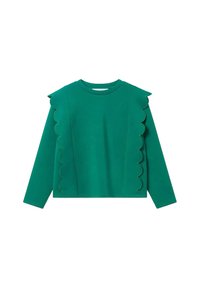 Top verde de manga larga con detalles de ondas en los hombros, hecho de una tela suave, con escote redondo y un corte holgado.