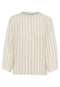 Beige and cream striped button-up shirt, long sleeves, linen material, round neck, visible buttons down the front, relaxed fit.