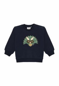 Sudadera azul marino hecha de una tela suave. Presenta un gráfico de la cara de un dinosaurio en verde y marrón con gafas marrones. Ligera y de ajuste casual.
