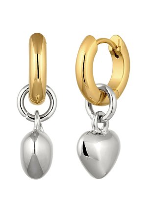 Gold hoop earrings with dangling silver charms; one oval-shaped and one heart-shaped, both attached by small silver rings.