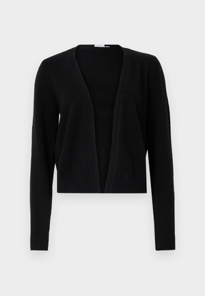 Svart åpen forover cardigan laget av myk stoff, med lange ermer, ribbet mansjetter og en cropped hem. Ingen synlige lukkemekanismer eller mønstre.
