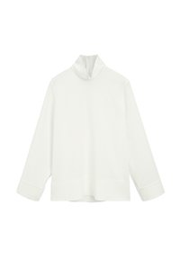 White long-sleeve turtleneck top made of smooth fabric, featuring a high collar and subtle side slits in a relaxed fit.
