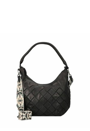 Zwarte leren handtas met een gewatteerd diamantpatroon, een afneembare gevlochten band met etnisch ontwerp, ritssluiting en contrasterende accenten.
