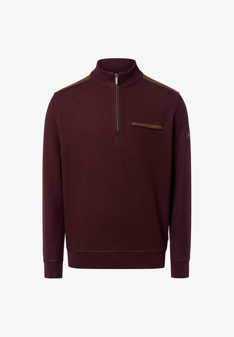 Bordeauxfarbener Reißverschlusspullover mit hohem Kragen, mit Schulterakzenten und einer Brusttasche mit braunem Rand. Hergestellt aus strukturiertem Stoff.