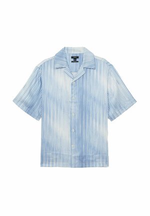 Kurzarmhemd in Hellblau und Weiß mit vertikalen Streifen, einem Kentkragen und Knopfverschluss. Weicher, leichter Stoff.