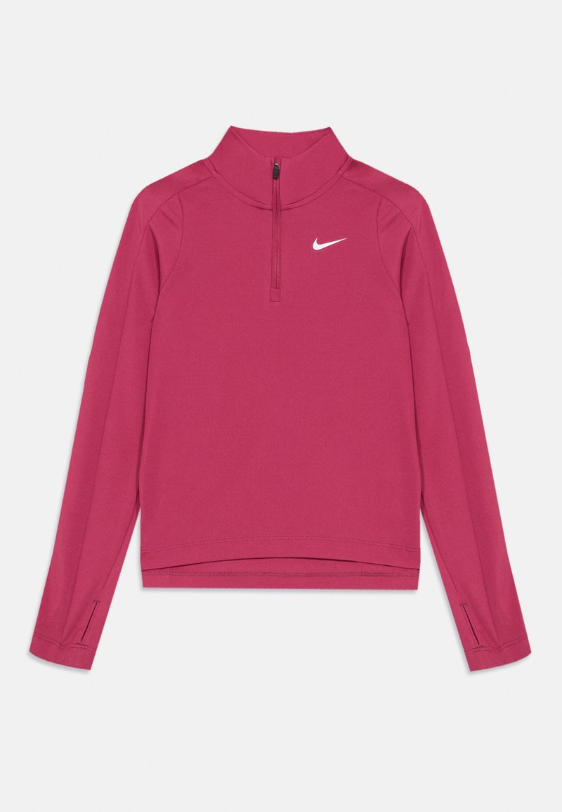 Ružový Nike pulóver s vysokým golierom, polozipsom, dlhými rukávmi a otvorom na palce. Vyrobený z hladkého, elastického materiálu. Biely logo na hrudi.
