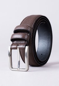 Brown leather belt with a textured finish, featuring a silver rectangular buckle and double keeper loops, displayed on a neutral background.