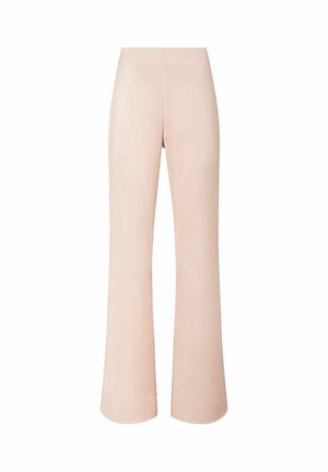 Svetlo bež hlače z visokim pasom, raven kroj in širokimi hlačnicami, prikazane na belem ozadju.