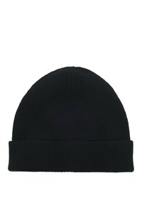 Czarna dziana czapka beanie z prążkowaną fakturą i złożonym mankietem. Materiał jest miękki i ma jednolity, solidny kolor.
