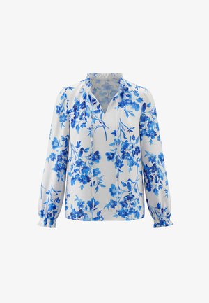 Witte blouse met lange mouwen, blauwe bloemendruk, een gerafelde kraag en geplooide elastische manchetten.
