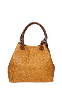 Geel reliëf handtas met bloemenpatroon, bruine leren handvatten en zilveren accessoires. Zachte textuur, geplooid ontwerp en gestructureerde vorm.