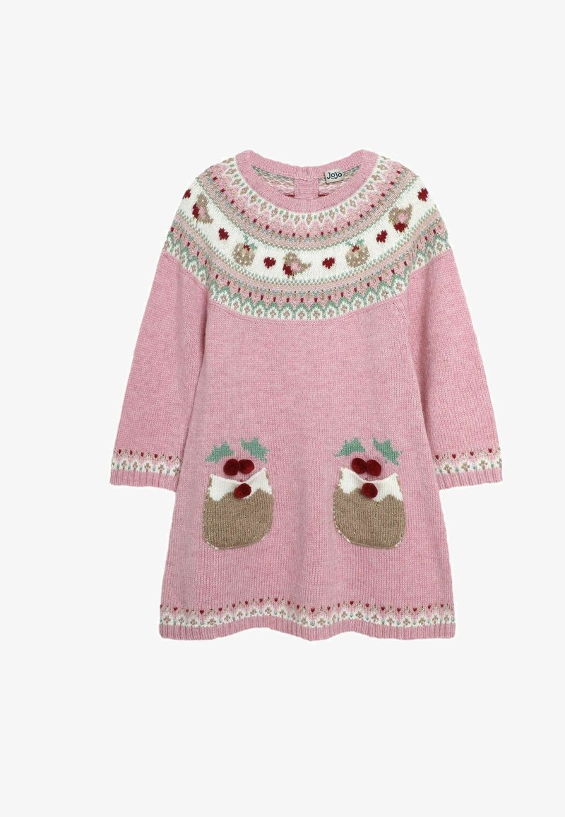 Rózsaszín kötött ruha ünnepi yoke mintával, amely szíveket és mackókat ábrázol. Két zsebe van, amelyek karácsonyi puding formájúak és zöld részletekkel rendelkeznek.