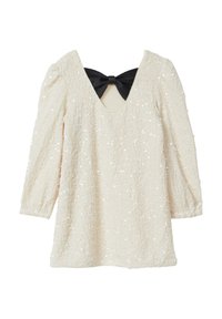 Cremefarbenes Kleid mit dreiviertellangen Puffärmeln, mit Pailletten strukturiert, mit tiefem V-Ausschnitt und einer schwarzen Schleife am Rücken.