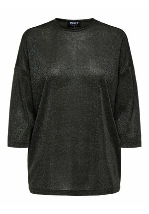 Top negro de corte holgado con mangas de tres cuartos, que presenta una sutil textura brillante y un escote redondo. Material suave y ligero.