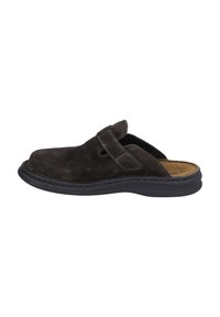Dark brown suede slip-on shoe with a rounded toe, a wide strap, and contrasting white stitching. Features a cushioned insole and black sole.