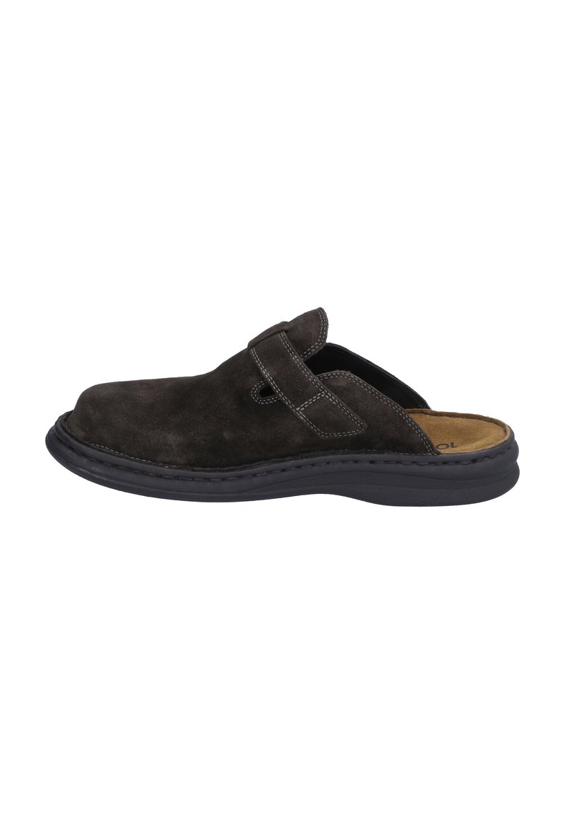 Dark brown suede slip-on shoe with a rounded toe, a wide strap, and contrasting white stitching. Features a cushioned insole and black sole.