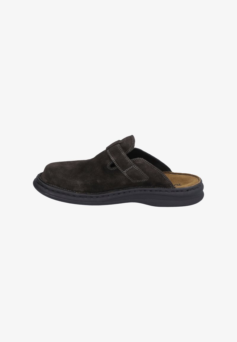 Dark brown suede slip-on shoe with a rounded toe, a wide strap, and contrasting white stitching. Features a cushioned insole and black sole.