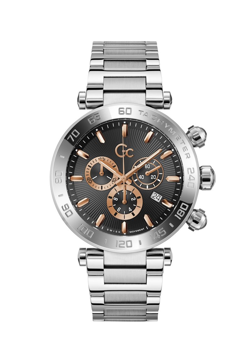Stříbrné chronografické hodinky z nerezové oceli s černým texturovaným ciferníkem, akcenty z růžového zlata, luminiscenčními hodinovými značkami a zobrazením data.