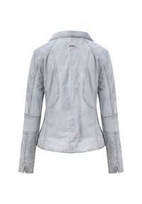 Hellgraue Jeansjacke mit einem kragenförmigen Halsauschnitt, langen Ärmeln und sichtbaren Nähte-Details. Besitzt einen taillierten Schnitt und eine Rückenpasse.