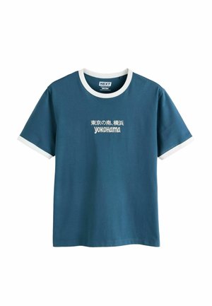 Blue short-sleeve T-shirt with white collar and sleeve edges, featuring Japanese text and "Yokohama" printed on the chest.