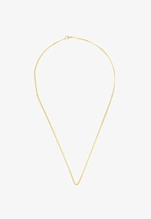 Collana in metallo color oro con un design a catena delicata, caratterizzata da una texture liscia e piatta e una chiusura a moschettone sul retro.