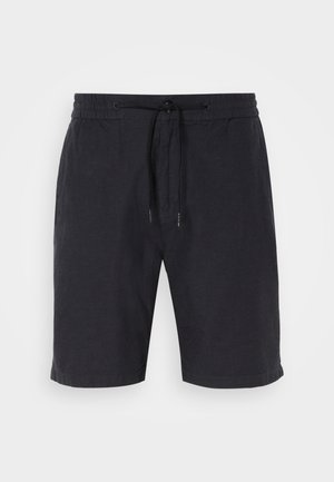 Shorts en lin noir avec une taille élastique et un cordon de serrage. Caractéristiques : coupe décontractée et longueur genou. Texture lisse, design minimal.
