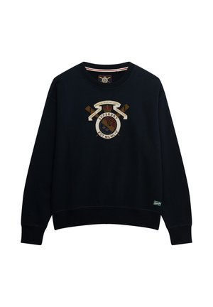 Granatowa bluza z bawełnianej mieszanki, z haftowanym logo przedstawiającym skrzyżowane wiosła i baner, ściągaczami na mankietach i na dole.