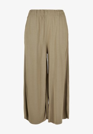 Light beige wide-leg trousers with an elastic waistband, made from a soft, smooth fabric. Features a relaxed fit and minimal stitching details.
